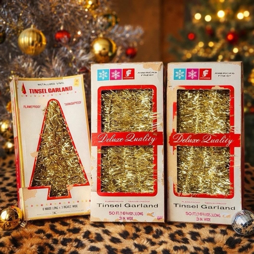 Gold Tinsel Garland Lot of 3 Metallized Christmas‎ Tree Decor 50ft Retro Box VTG